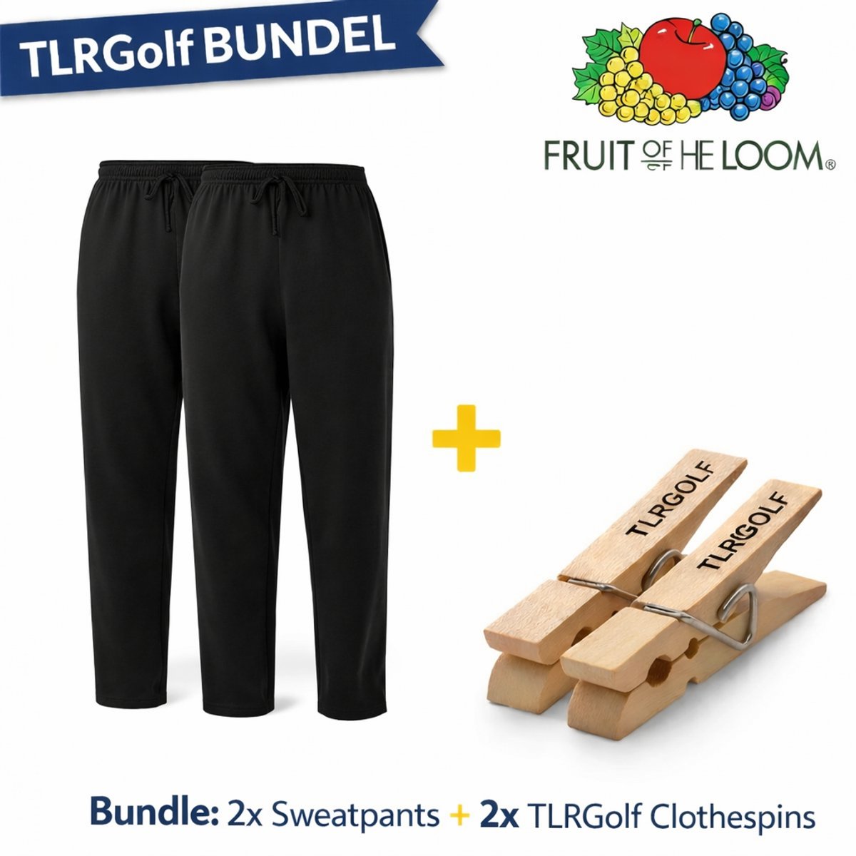 2 Pack Fruit of the Loom Joggingbroek Heren met Rechte Pijp - Trainingsbroek Heren - Zwart (Maat M) Inclusief 2 TLRGolf Wasknijpers