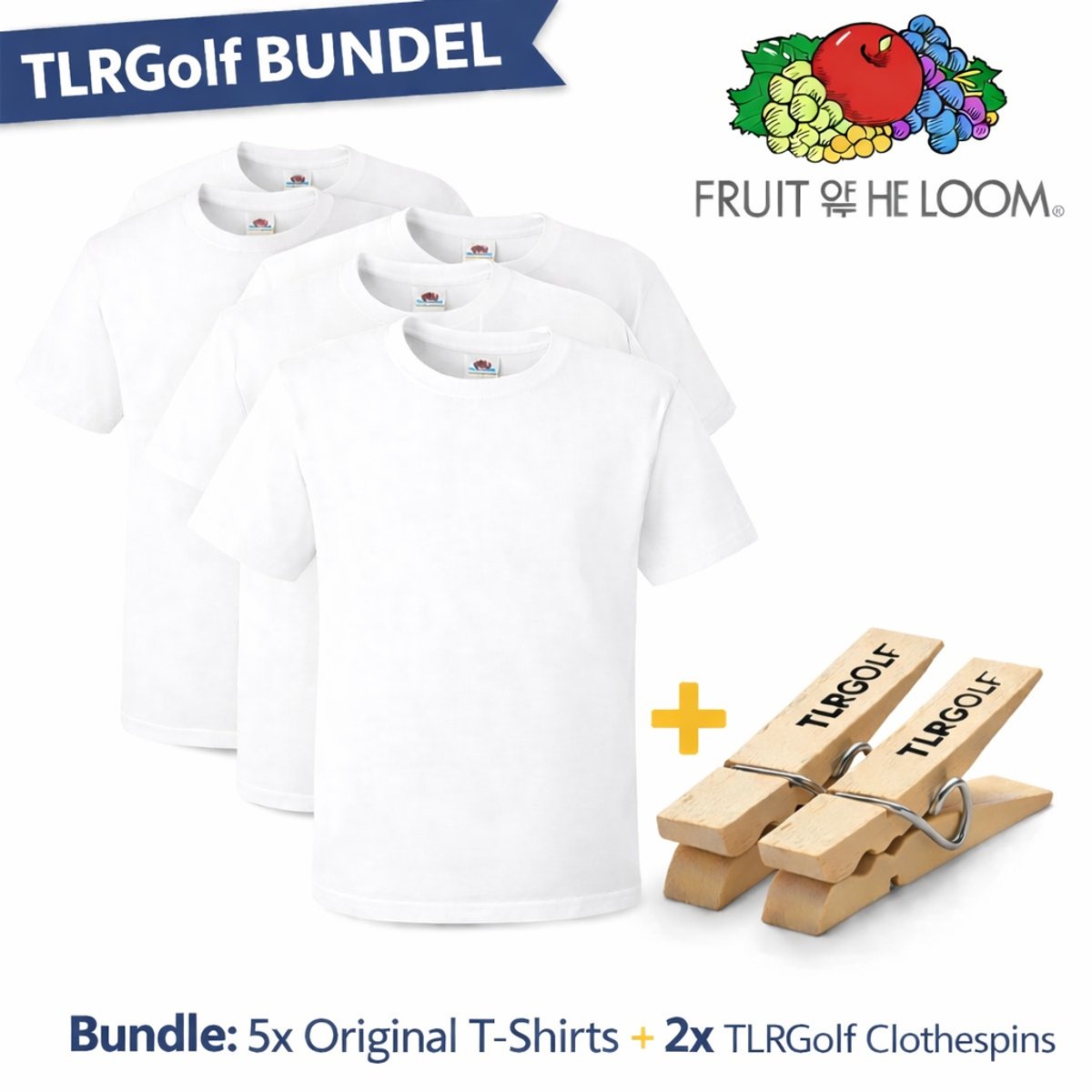 5 Pack Fruit of the Loom Original Heren T-Shirt 100% Katoen Ronde hals - Maat XL (WIT) Inclusief 2 TLRGolf Wasknijpers
